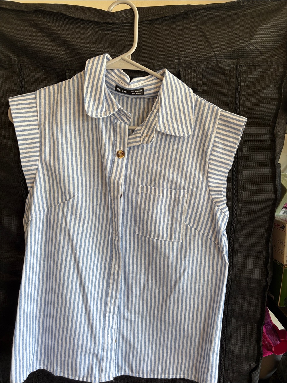 SHEIN Light Blue and White Striped Sleeveless Button-Down Shirt